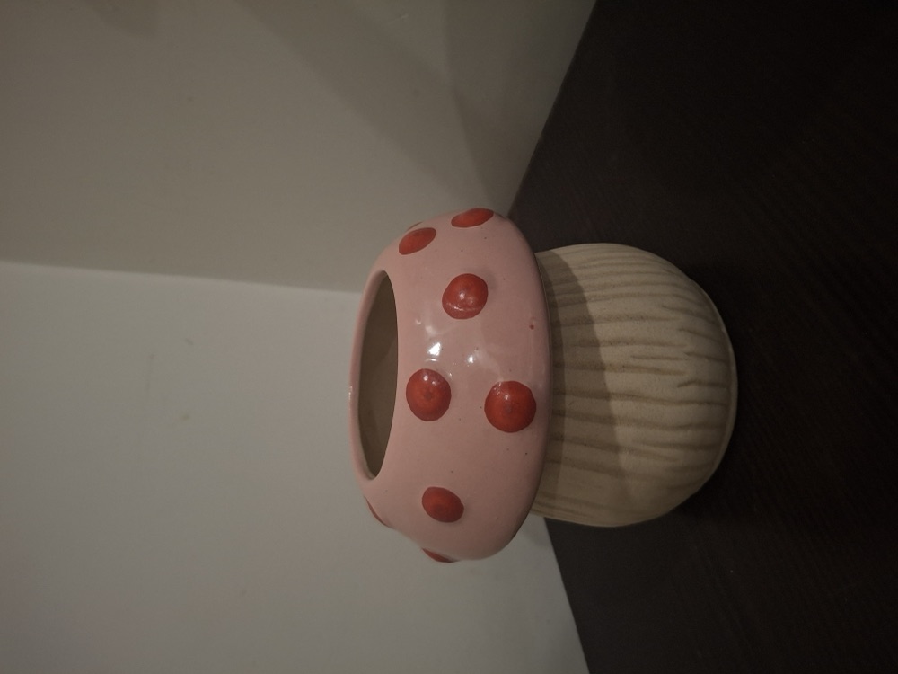 Pink ceramic mushroom pot with red spots